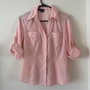 Pink Elbow Sleeve Button Down Shirt